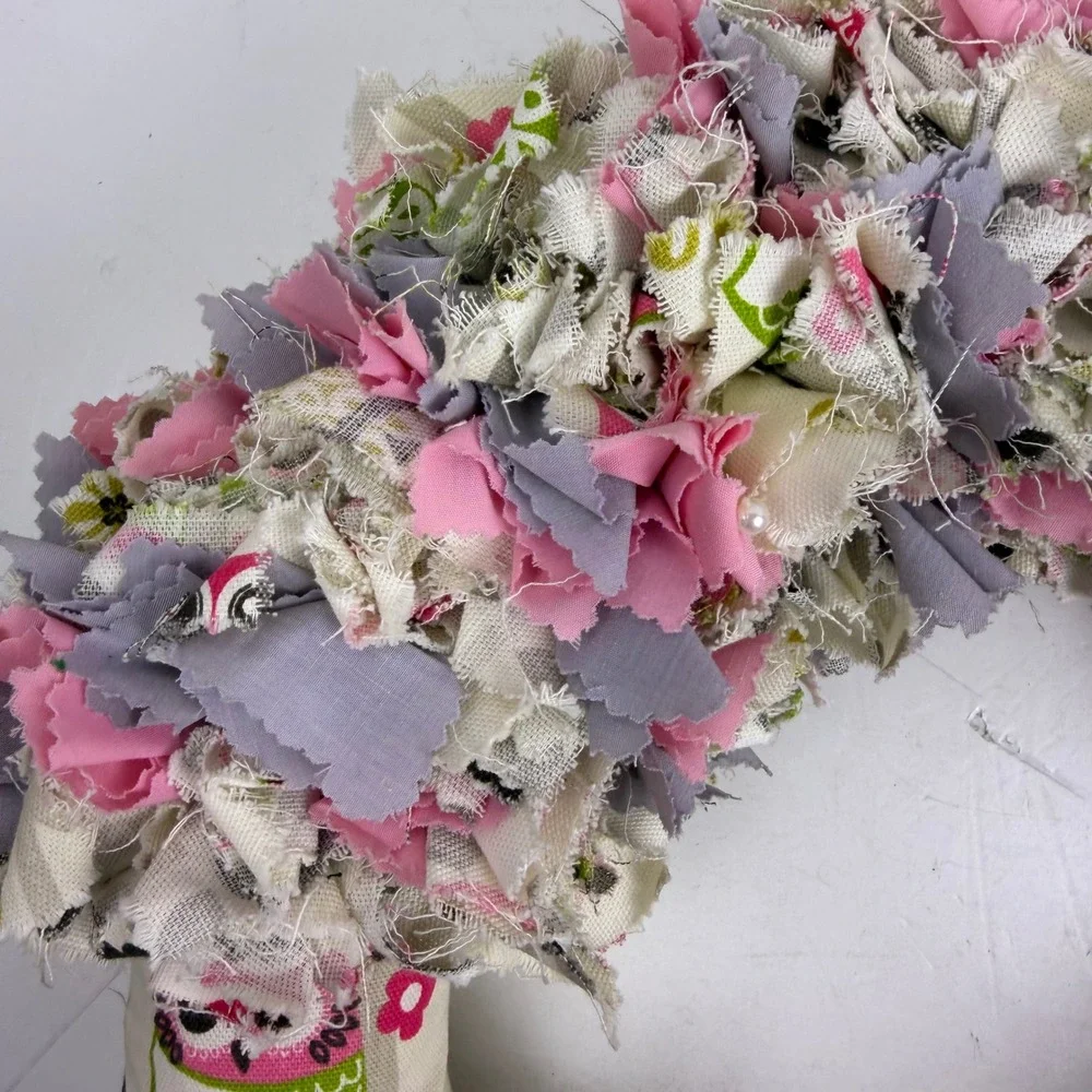 Handmade Shabby Chic Owl Rag Wreath Pink Grey Burlap Roses Nursery Decor 12